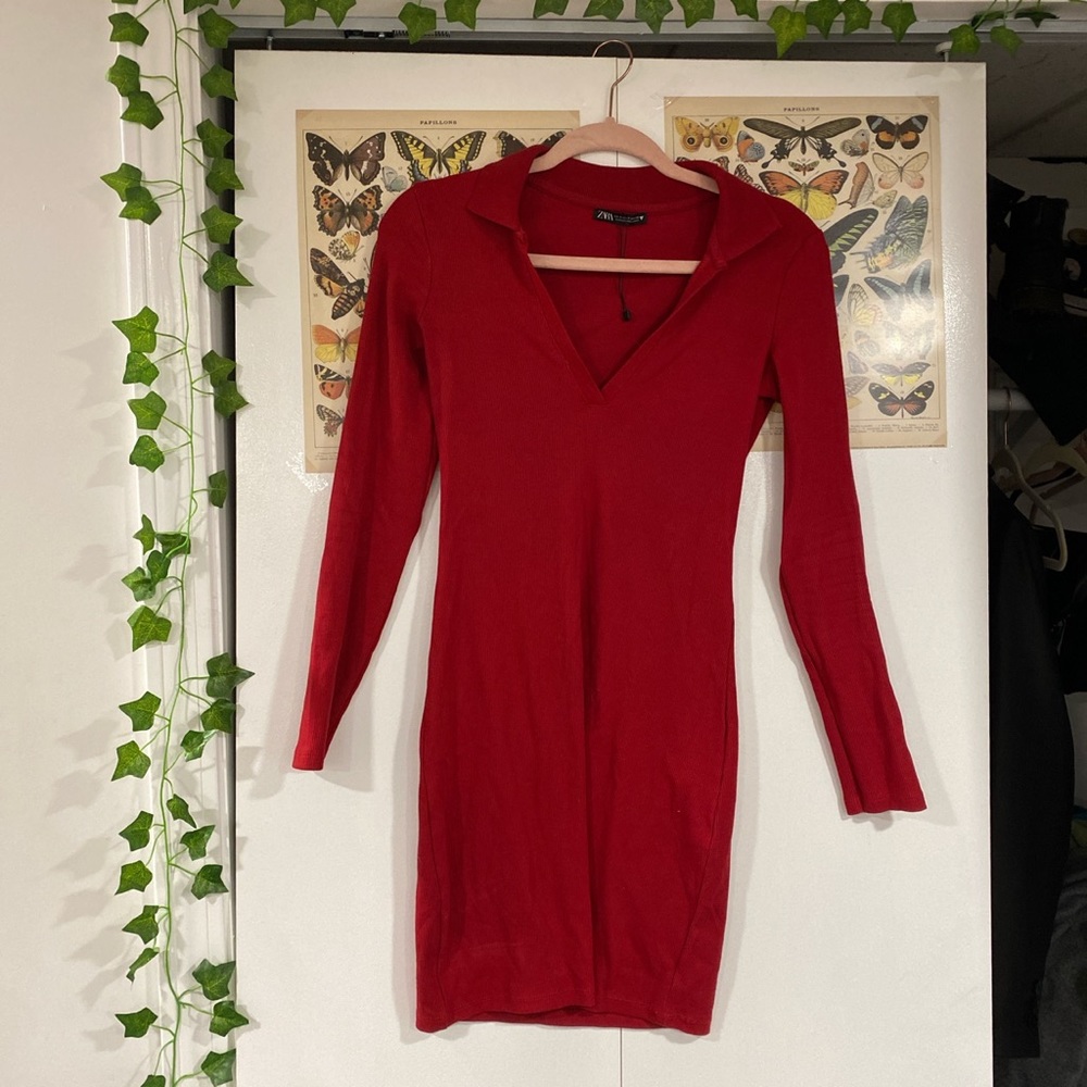 Zara Red Ribbed Polo Mini Dress
